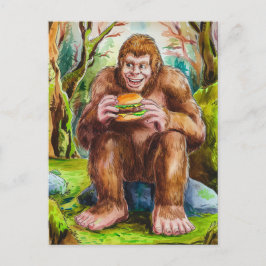 Postal Sasquatch y la hamburguesa de queso en un bosque d