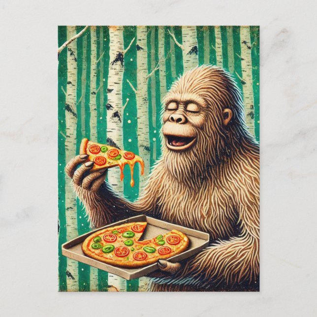 Postal Sasquatch y la Pizza en un bosque de árboles de av (Anverso)