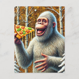 Postal Sasquatch y la pizza en un bosque de Birch