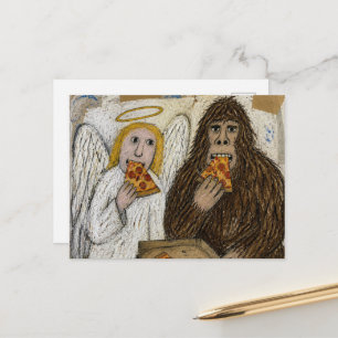 Postal Sasquatch y la pizza que come ángel
