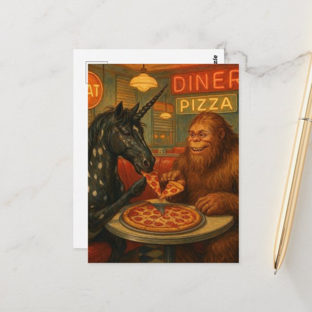 Postal Sasquatch y una pizza de unicornio appaloosa (Anverso/Reverso In Situ)
