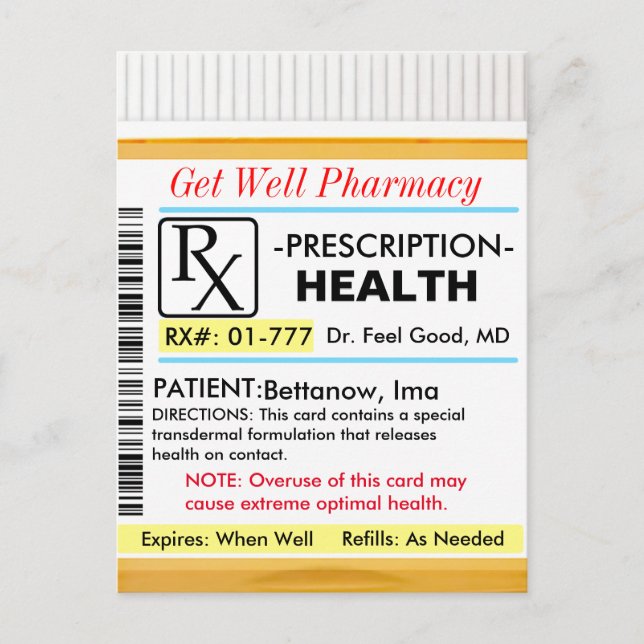 Postal Satisfacer pronto RX para la salud (Anverso)