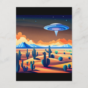Postal Saucer volador sobre el paisaje desértico