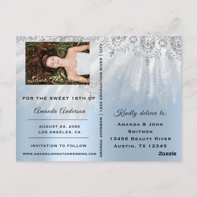 Postal Save The Date Blue Photo Rosa Sweet 16th Bridal (Reverso)
