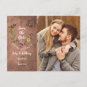 Postal Save the Date Floral Heart Rustic Wood Photo