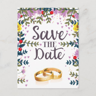 Postal Save the Date Flowers and Wedding rings