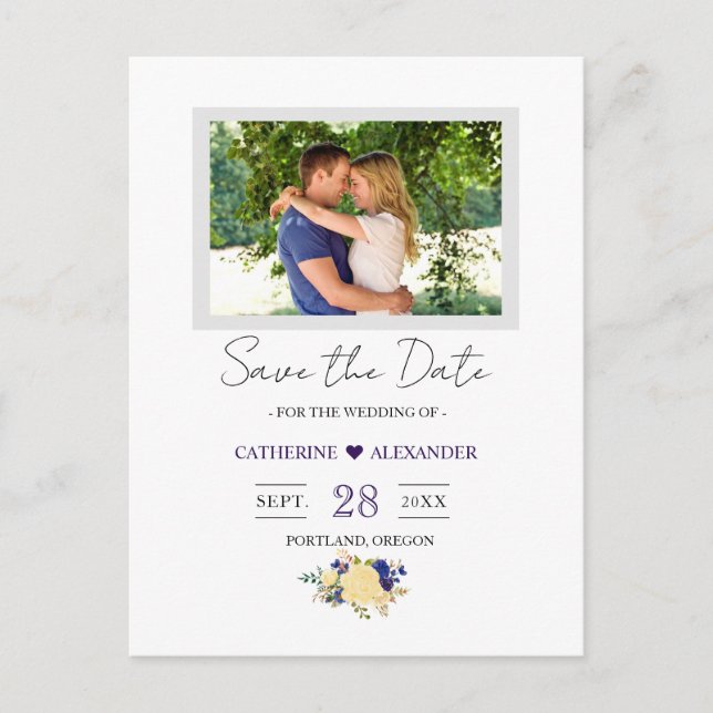 Postal Save the Date - foto floral azul de la marina (Anverso)