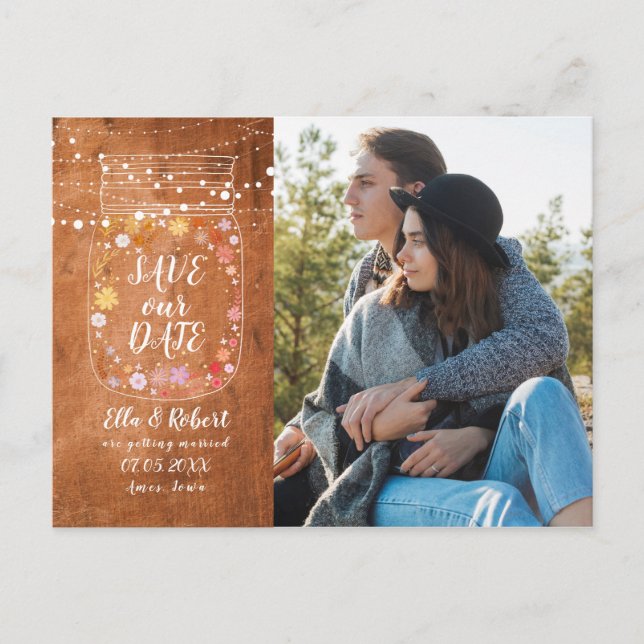 Postal Save the Date Mason Jar String ilumina una foto ru (Anverso)