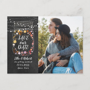 Postal Save the Date Mason Jar String Lights Boho Photo
