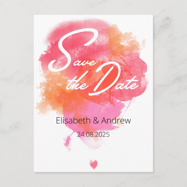 Postal Save the date - modern, watercolor pink orange (Anverso)