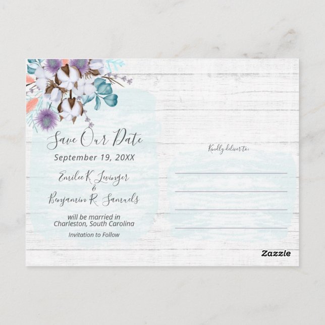 Postal Save the Date Southern Cotton Boda 3-Photo (Reverso)