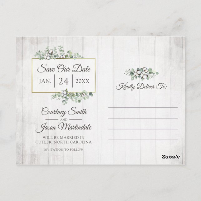 Postal Save the Date Southern Cotton Boda 3-Photo (Reverso)