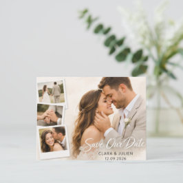 Postal Save the Date Wedding Card Modern Script | 4 Photo