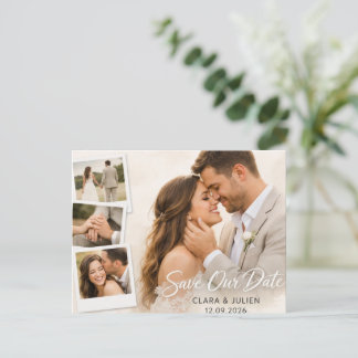 Postal Save the Date Wedding Card Modern Script | 4 Photo