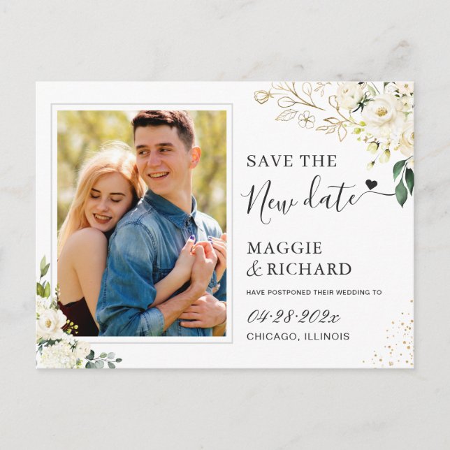 Postal Save the New Date Green White Floral Photo (Anverso)