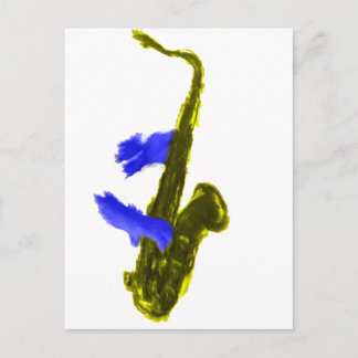 Postal Saxofón jugado con dos manos, azul y amarillo