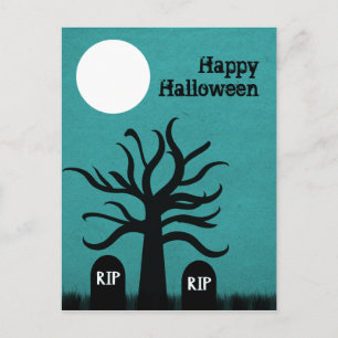 Postal Scary Graveyard Halloween Postcard, Verde azulado