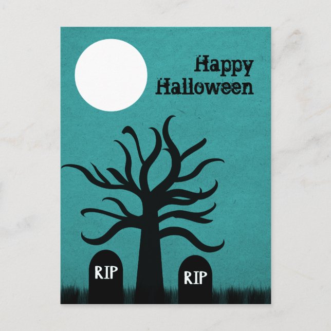 Postal Scary Graveyard Halloween Postcard, Verde azulado (Anverso)