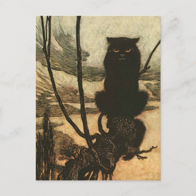 Postal Scary Halloween Black Cat Vintage Rackham (Anverso)