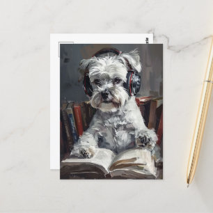 Postal Schnauzer Escuchando música y leyendo