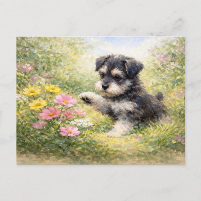Postal Schnauzer Puppy Springtime Flowers (Anverso)