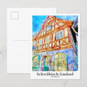 Postal Schwabisch Gmund Alemania Viaje acuarela