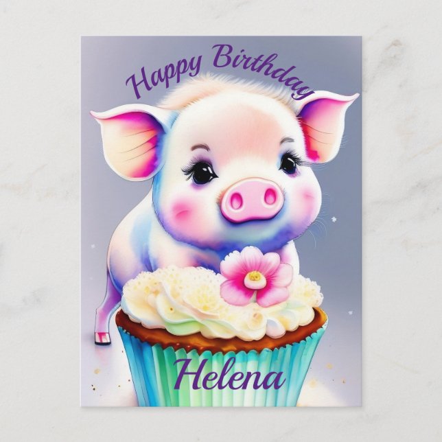 Postal Schwein mit cupcake Wasserfarbenbild (Anverso)