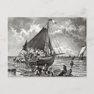 Postal Schweningen del siglo XIX, descargando un barco de