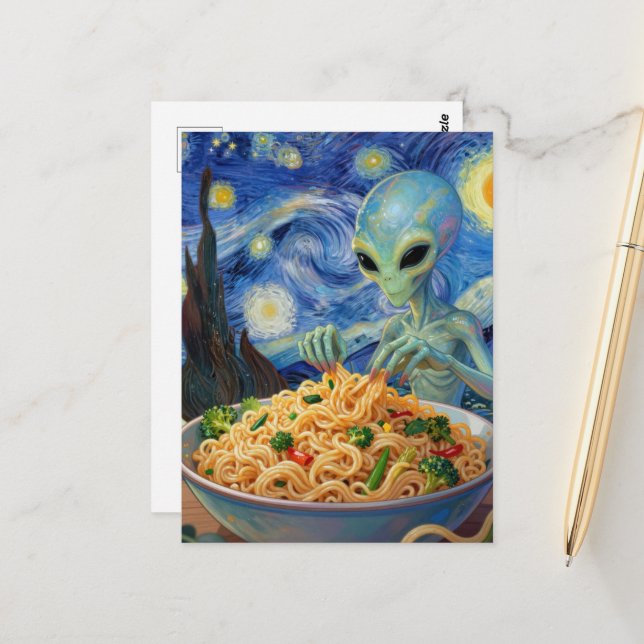 Postal Scifi Blue Alien Eating Noodles Veggies Van Gogh (Anverso/Reverso In Situ)