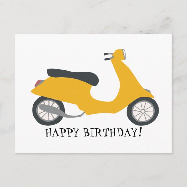 Postal Scooter amarillo lindo FELIZ CUMPLEAÑOS PERSONALIZ (Anverso)