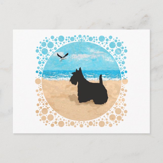 Postal Scottie en la playa con gaviota (Anverso)