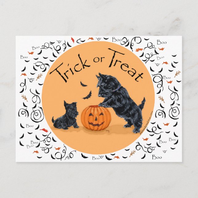 Postal SCOTTIE Papá y cachorro Halloween (Anverso)