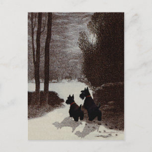 Postal Scotties en noche invernal surrealista