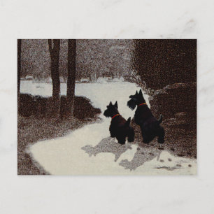Postal Scotties en noche invernal surrealista