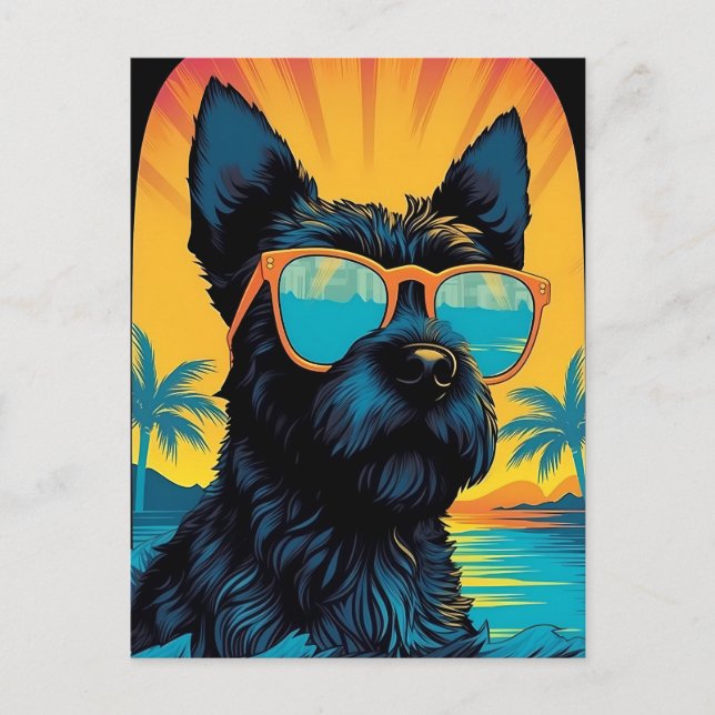 Postal Scottish Terrier con gafas de sol en la playa (Anverso)