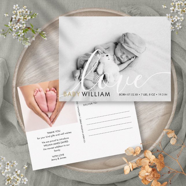 Postal Script Amor Moderno Oro Foto Bebé Nacimiento Graci (Script Love Modern Gold Photo Baby Birth Thank You Postcard)