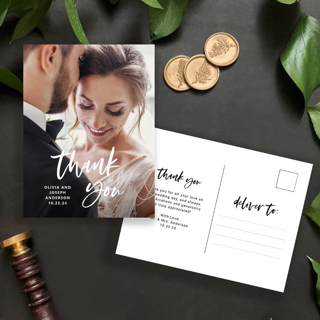 Postal Script Casual y Foto | Agradecimiento de Boda (A modern and casual spin on a wedding thank you card - simply add your photo for an elegant result!)