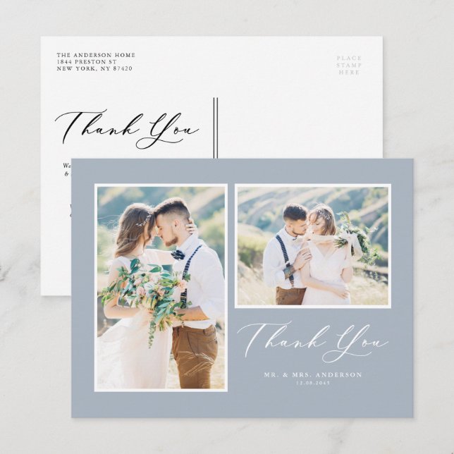 Postal Script Dusty Blue Dos Bodas de fotos Gracias (Anverso / Reverso)