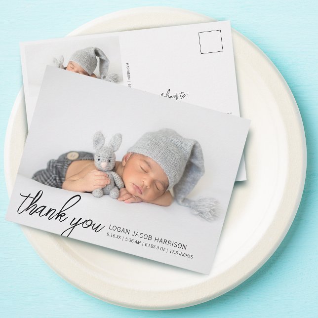 Postal Script Gracias Dos Fotos Anuncio De Nacimiento (Script Thank You Two Photos Birth Announcement Postcard)