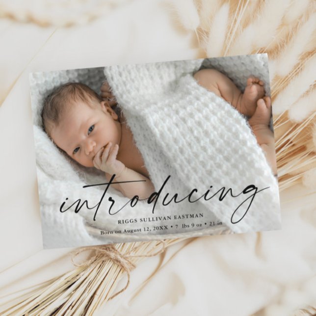 Postal Script Introducing Baby Photo You (Modern script introducing baby photo birth announcement thank you postcard.)