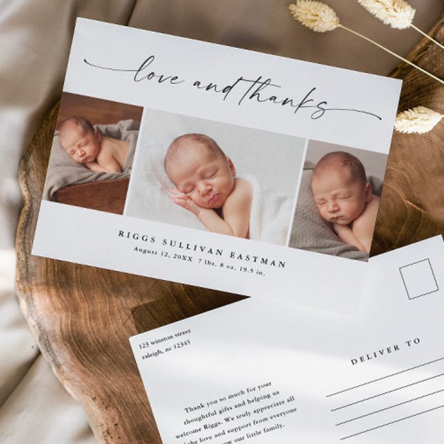 Postal Script Love and Thanks Photo Baby Thank You  (Modern script love and thanks 3 photo collage baby thank you announcement postcards.)