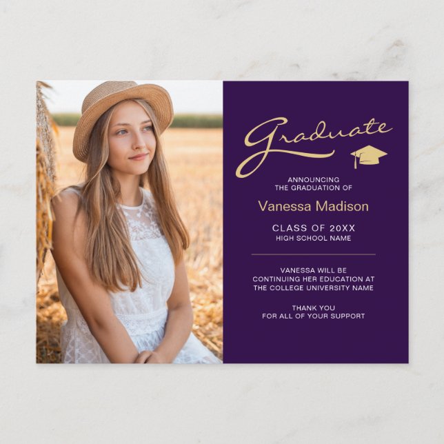 Postal Script Moderno Elegante Morado y Dorado | 2 Fotos  (Anverso)