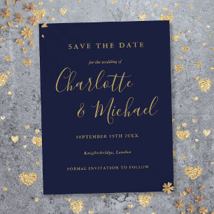 Postal Script Navy Blue Gold Wedding Save the Date Card