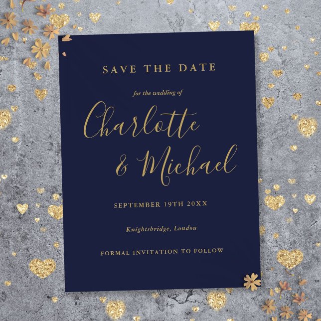 Postal Script Navy Blue Gold Wedding Save the Date Card (Script Navy Blue Gold Wedding Save the Date Postcard)