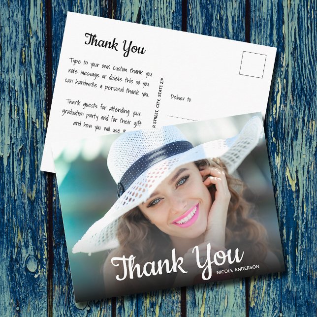 Postal Script Tendencia Agradecimiento Foto Graduación (Trendy Script Thank You Photo Graduation Postcards)