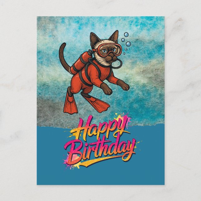 Postal Scuba diver diving cat happy birthday  (Anverso)