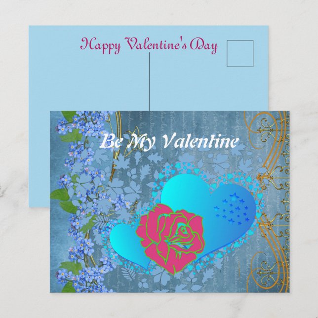 Postal Sé mi Rosa romántico de San Valentín azul del cora (Anverso / Reverso)