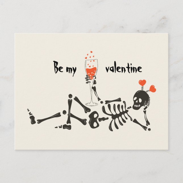 Postal Sé mi Valentine Skeleton bebiendo vino de corazón  (Anverso)