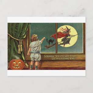 Postal Se ven extrañas vistas en Halloween, Niño, Gato,