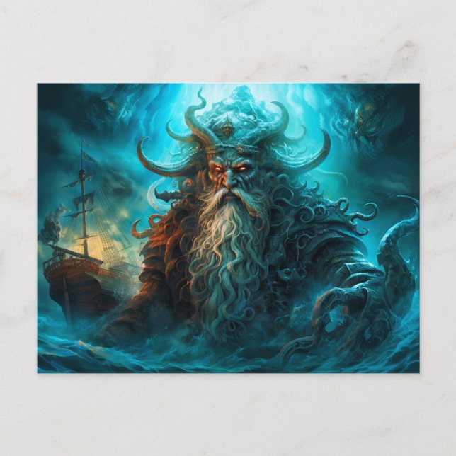Postal Sea God Rising from Ocean Fantasy Painting (Anverso)